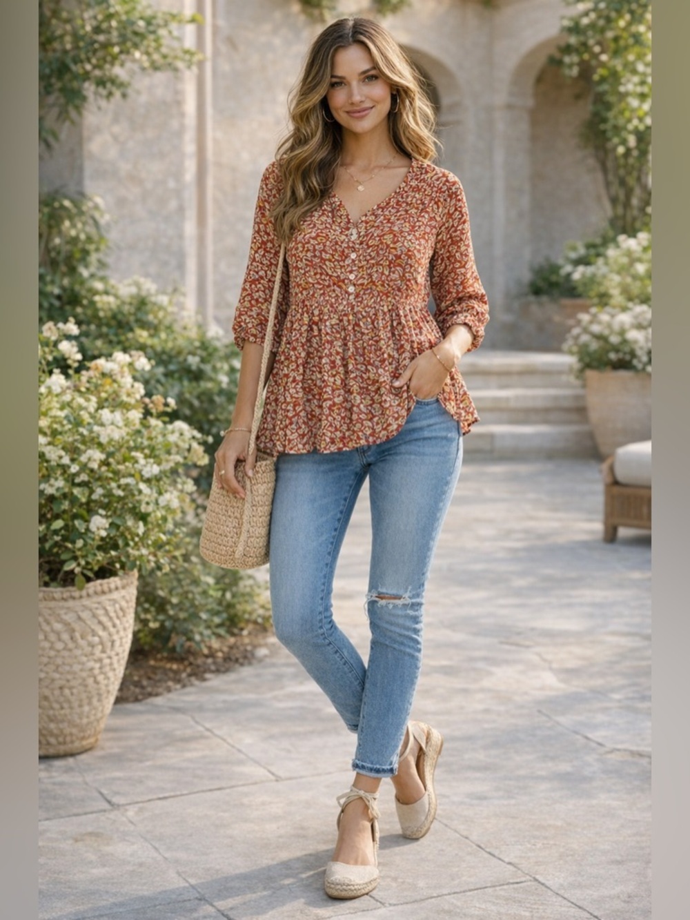 Antilia Femm Paisley V-Neck Peplum Blouse - Women Tops Large